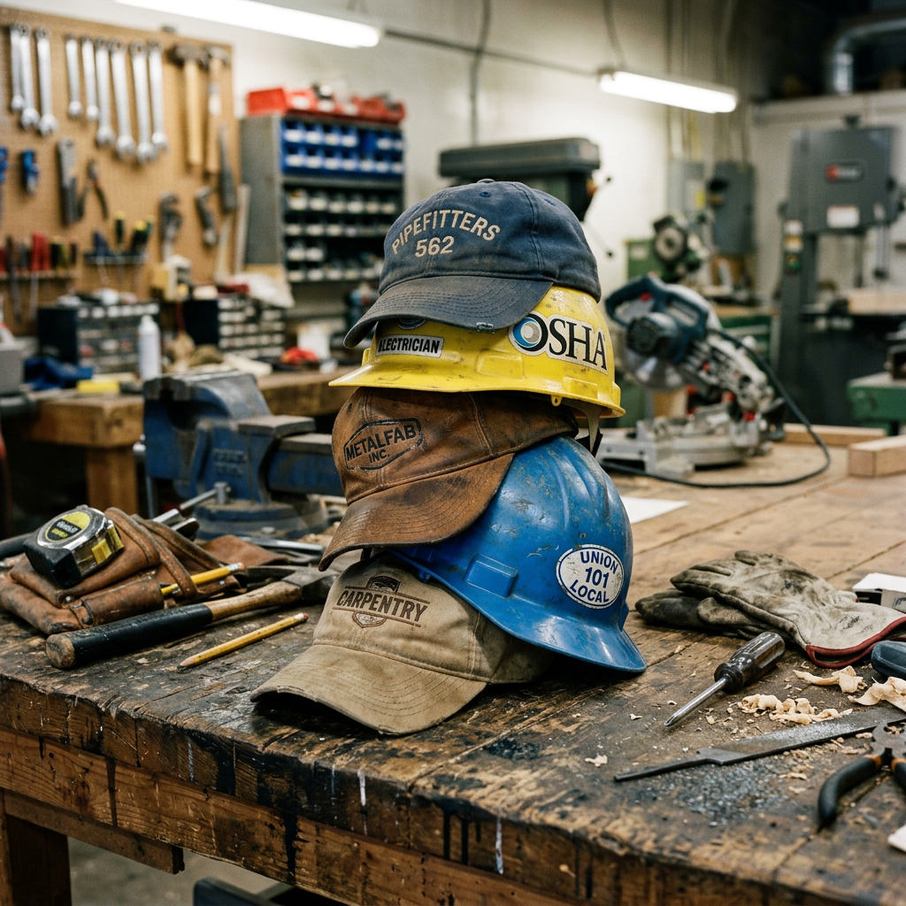 Stack of hard hats and caps with trade and safety labels in a workshop environment