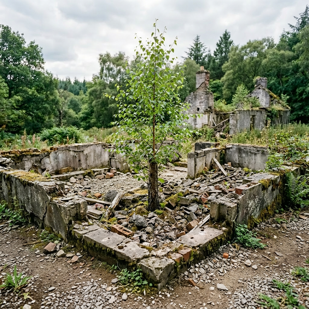 Young tree growing in the middle of stone ruins with collapsed walls and greenery around